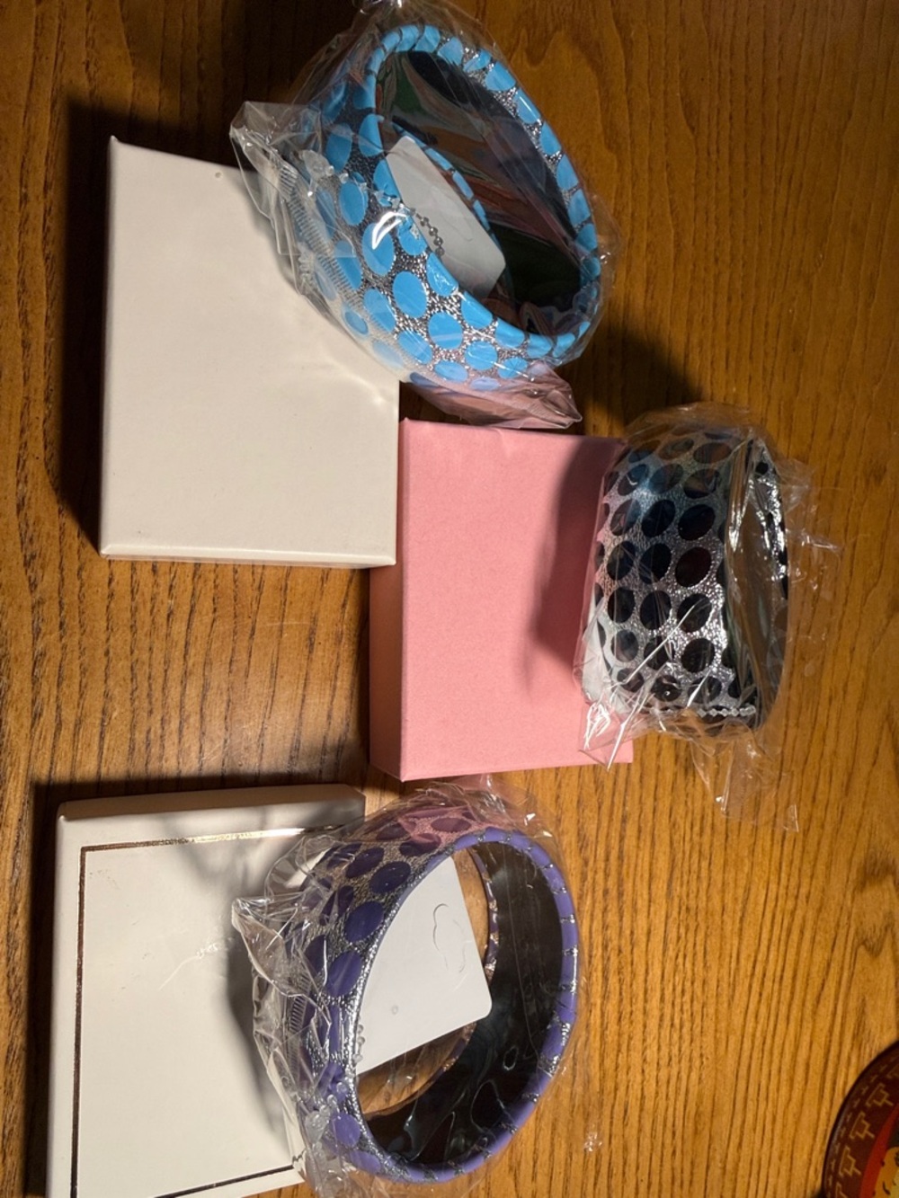 Set of 3 Colorful Polka Dot Bangle Bracelets - Blue, Black, Lavender